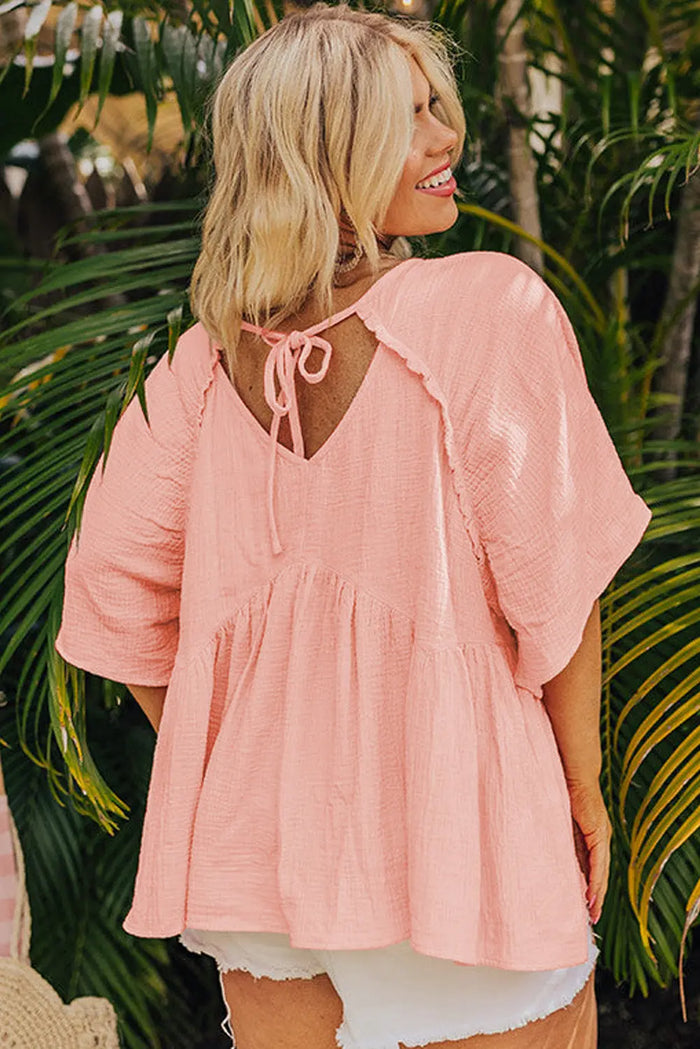 Beige Pink Plus Size Textured Wide Short Sleeve Babydoll Blouse - Size/Plus Tops/Plus Blouses & Shirts