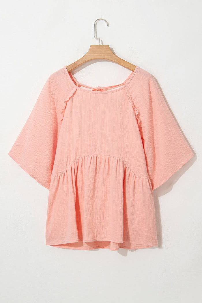 Beige Pink Plus Size Textured Wide Short Sleeve Babydoll Blouse - Size/Plus Tops/Plus Blouses & Shirts