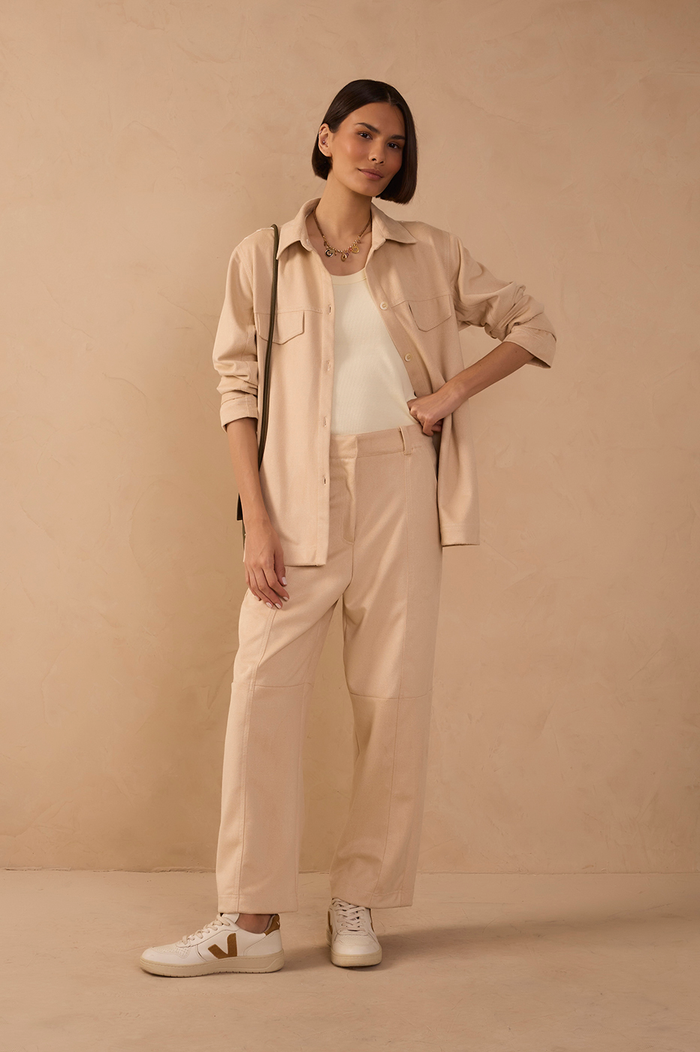 Beige Pockets Belt Loops Suede Pants_1