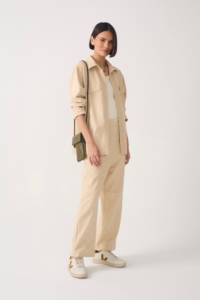 Beige Pockets Belt Loops Suede Pants_2