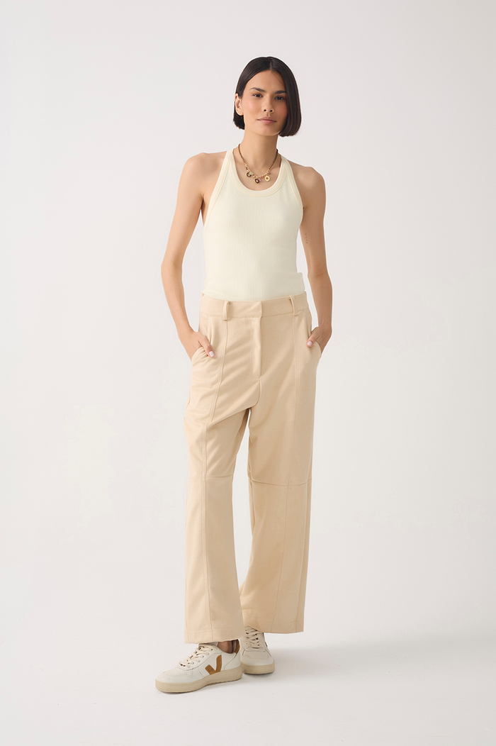 Beige Pockets Belt Loops Suede Pants_3