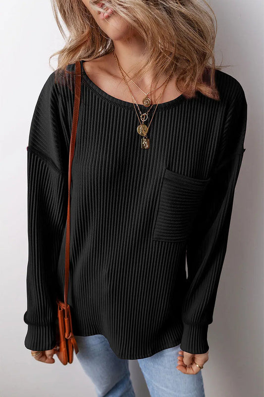Beige Solid Colour Ribbed Drop Shoulder Long Sleeve Top - Black / S / 95% Polyester + 5% Elastane - Tops/Long Tops