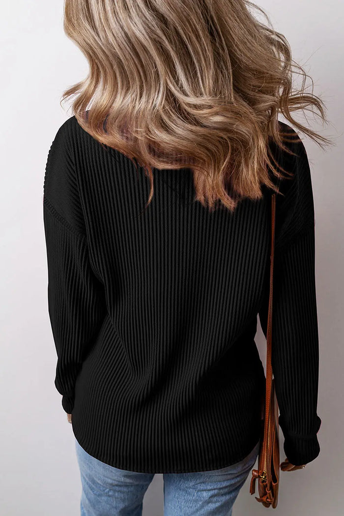 Beige Solid Colour Ribbed Drop Shoulder Long Sleeve Top - Tops/Long Tops