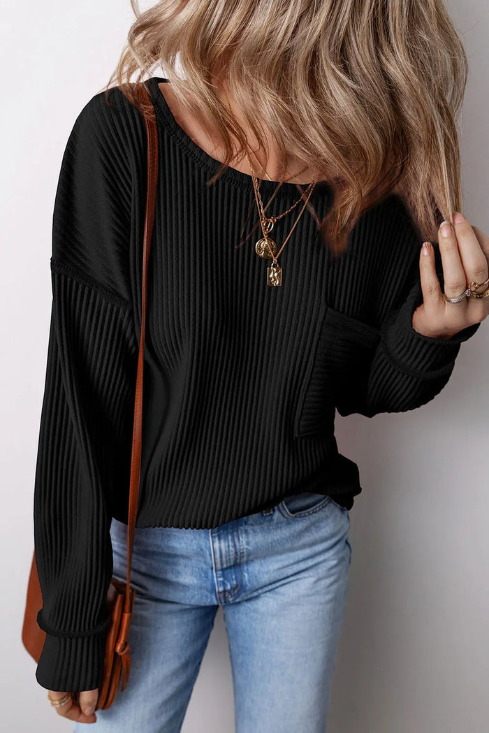 Beige Solid Colour Ribbed Drop Shoulder Long Sleeve Top - Tops/Long Tops