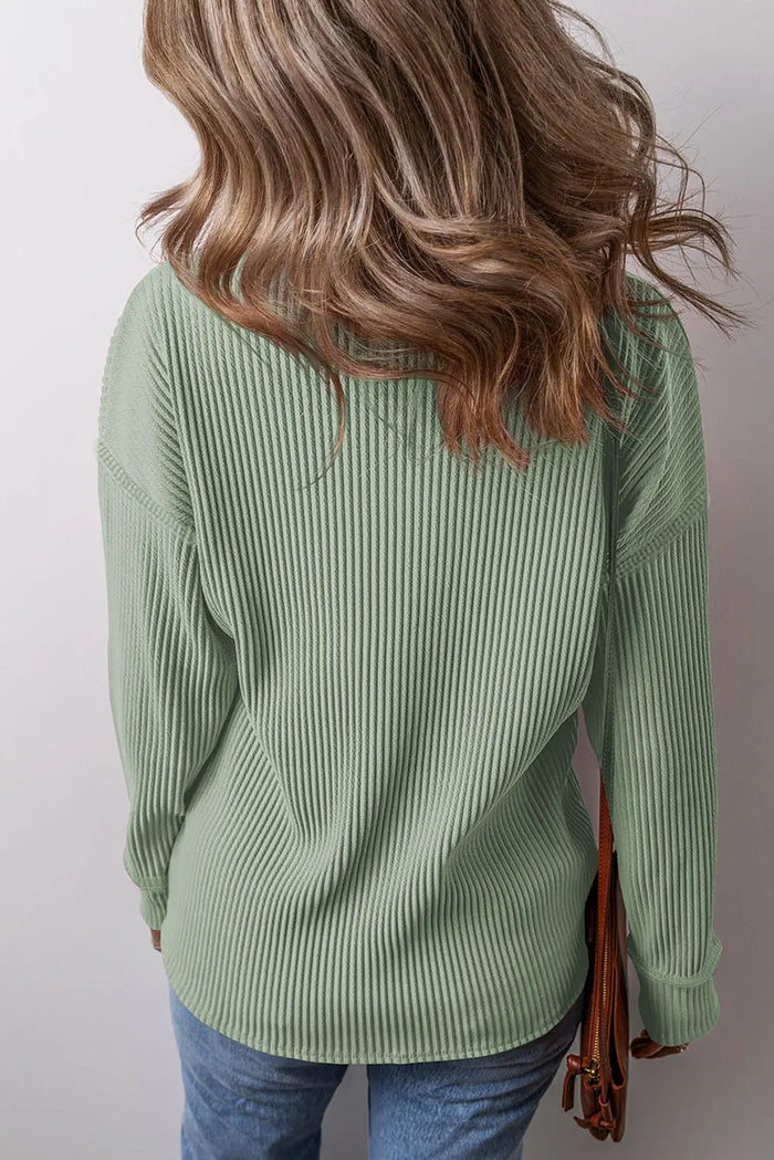 Beige Solid Colour Ribbed Drop Shoulder Long Sleeve Top - Tops/Long Tops