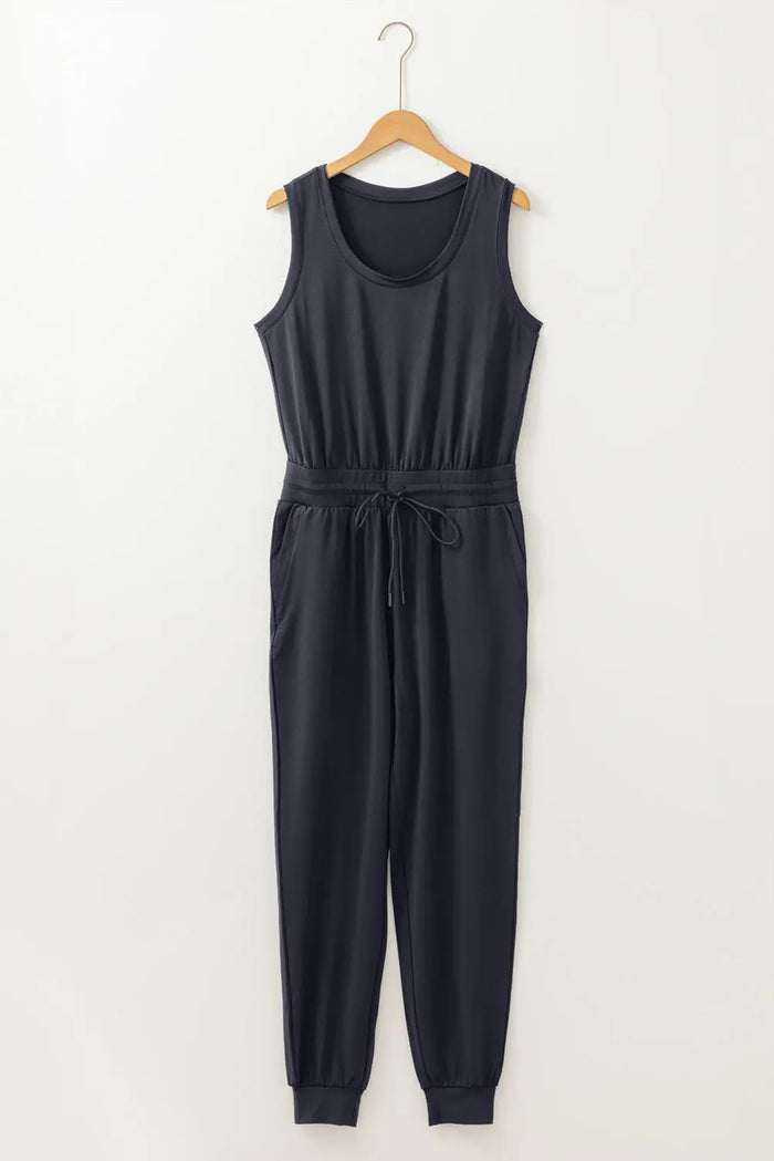 Black Casual Tank Style Tie Waist Pocketed Jogger Jumpsuit - Bottoms/Jumpsuits & Rompers