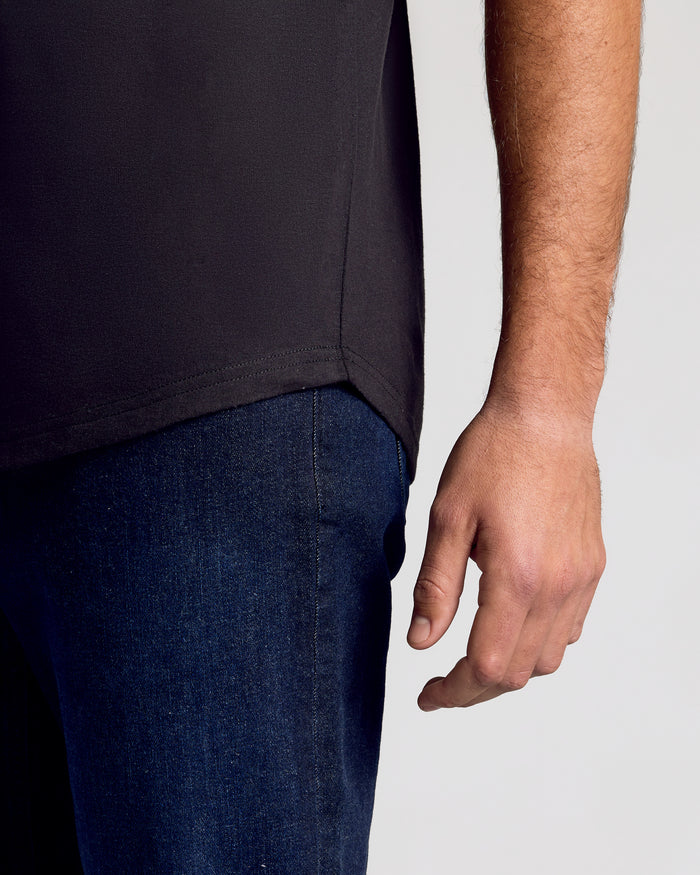 Black & White Classic Tall Curved Hem Crew in black, showcasing curved hem.