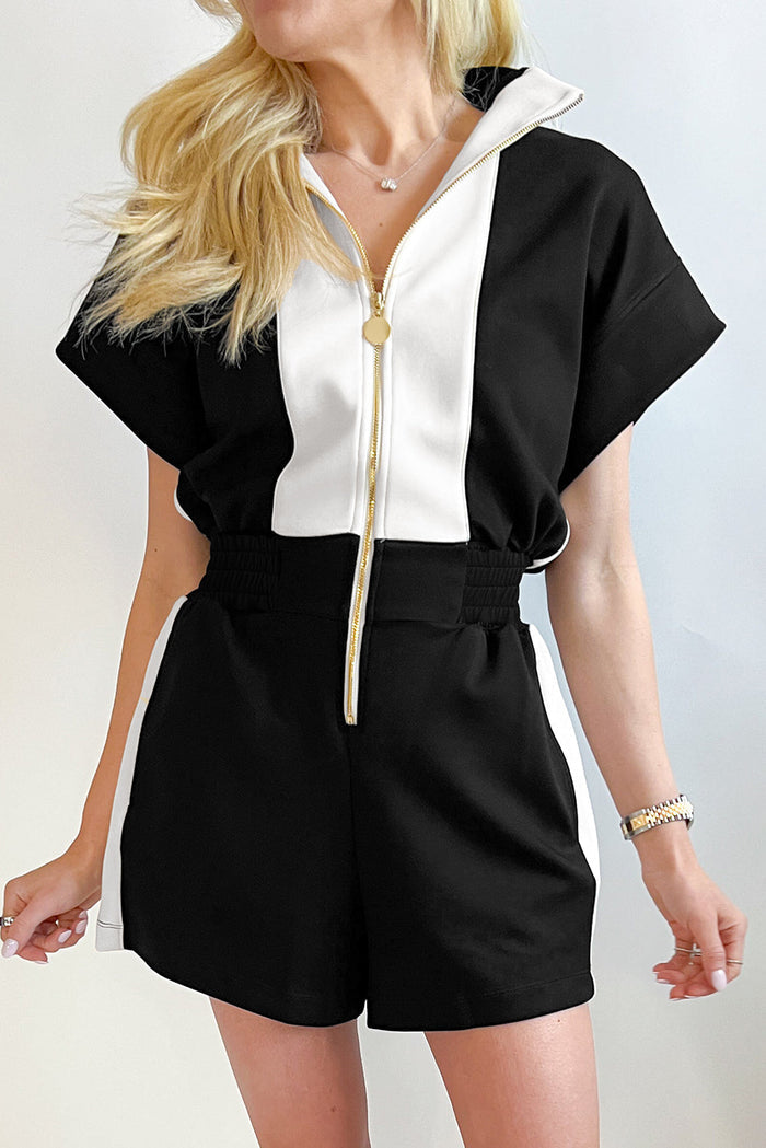 Black Contrast Collar Patchwork Zip Front Romper - Bottoms/Jumpsuits & Rompers