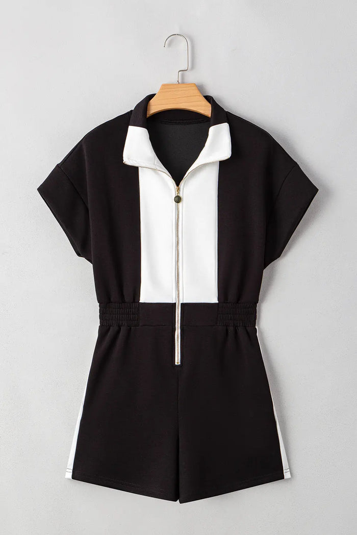 Black Contrast Collar Patchwork Zip Front Romper - Bottoms/Jumpsuits & Rompers