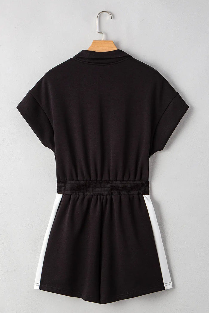 Black Contrast Collar Patchwork Zip Front Romper - Bottoms/Jumpsuits & Rompers