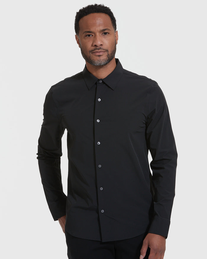 Black Lightweight Dress Shirt on man with tailored fit and visible buttons.