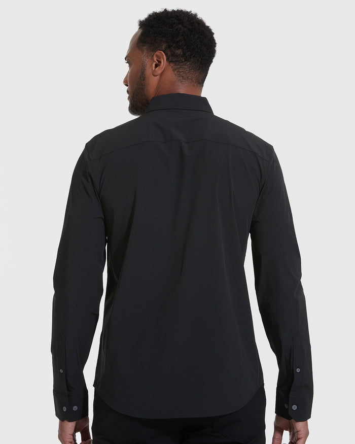 Back view of Black Lightweight Dress Shirt on model.
