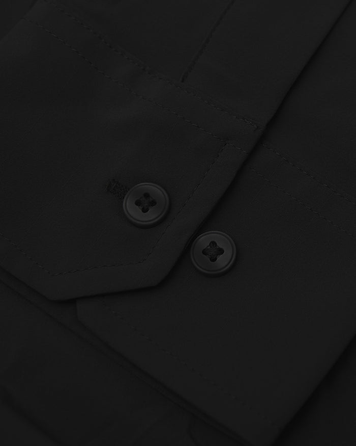 Black Lightweight Dress Shirt with pocket flap, two black buttons, visible stitching.
