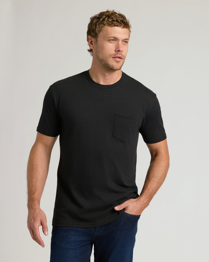 Man wearing Black Pocket Crew Tee with dark blue jeans.