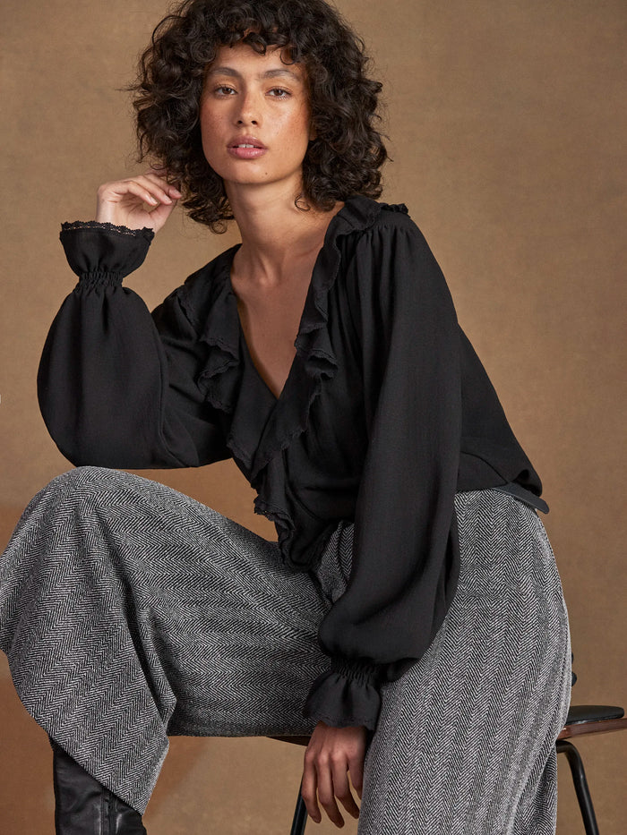 Black Ruffle-Front Blouse