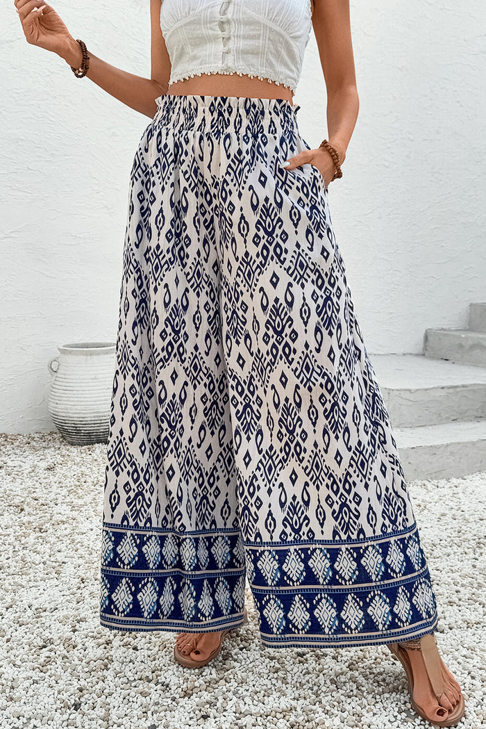 Blue Boho Pattern Print High Waist Wide Leg Loose Trousers - S / 85% Viscose + 15% Polyamide - Bottoms/Pants & Culotte