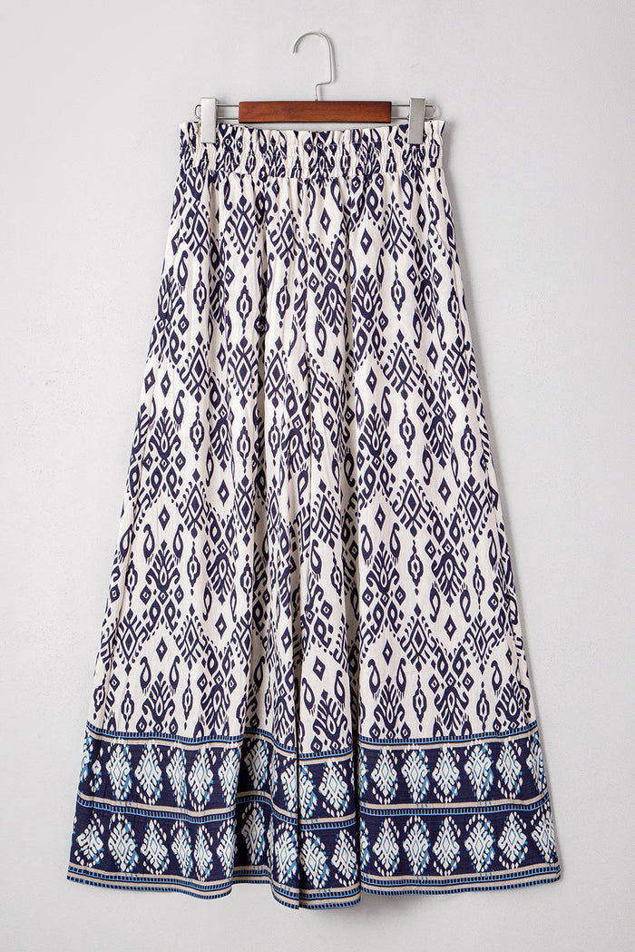 Blue Boho Pattern Print High Waist Wide Leg Loose Trousers - Bottoms/Pants & Culotte