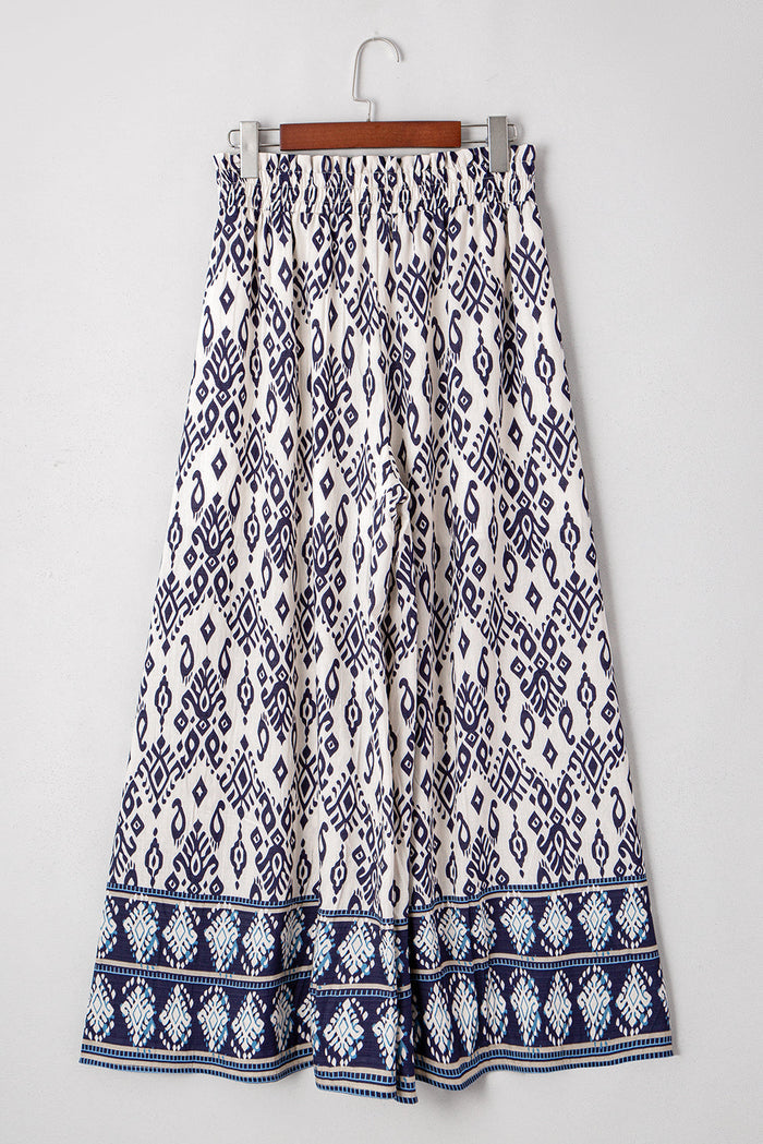 Blue Boho Pattern Print High Waist Wide Leg Loose Trousers - Bottoms/Pants & Culotte