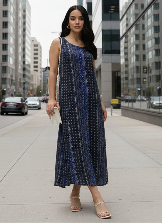 Blue Ethnic Motifs Printed A-Line Midi Dress, Blue Printed Dress, Ethnic Motifs Dress, Printed Dress, Party Wear Dress, Midi Dress