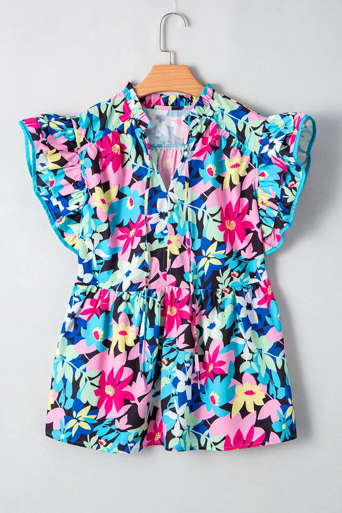Blue Floral Flutter Sleeve Tied Notched Neck Plus Size Blouse - 1X / 100% Polyester - Size/Plus Tops/Plus Blouses &
