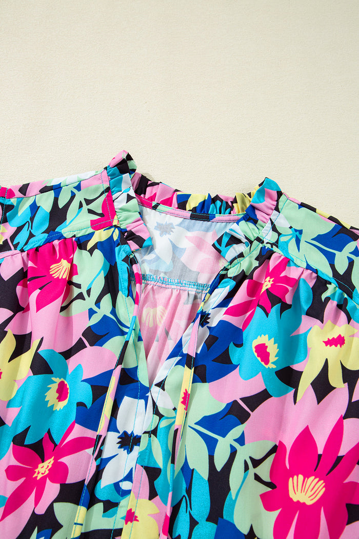 Blue Floral Flutter Sleeve Tied Notched Neck Plus Size Blouse - Size/Plus Tops/Plus Blouses & Shirts