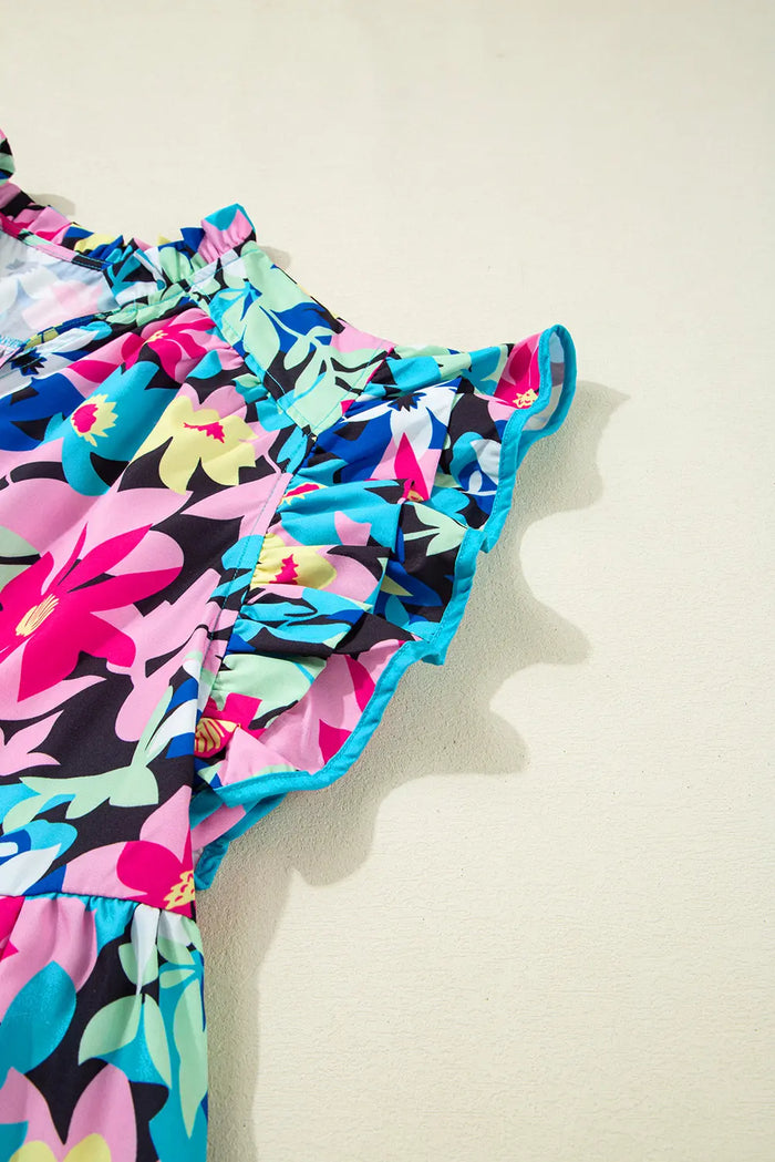 Blue Floral Flutter Sleeve Tied Notched Neck Plus Size Blouse - Size/Plus Tops/Plus Blouses & Shirts