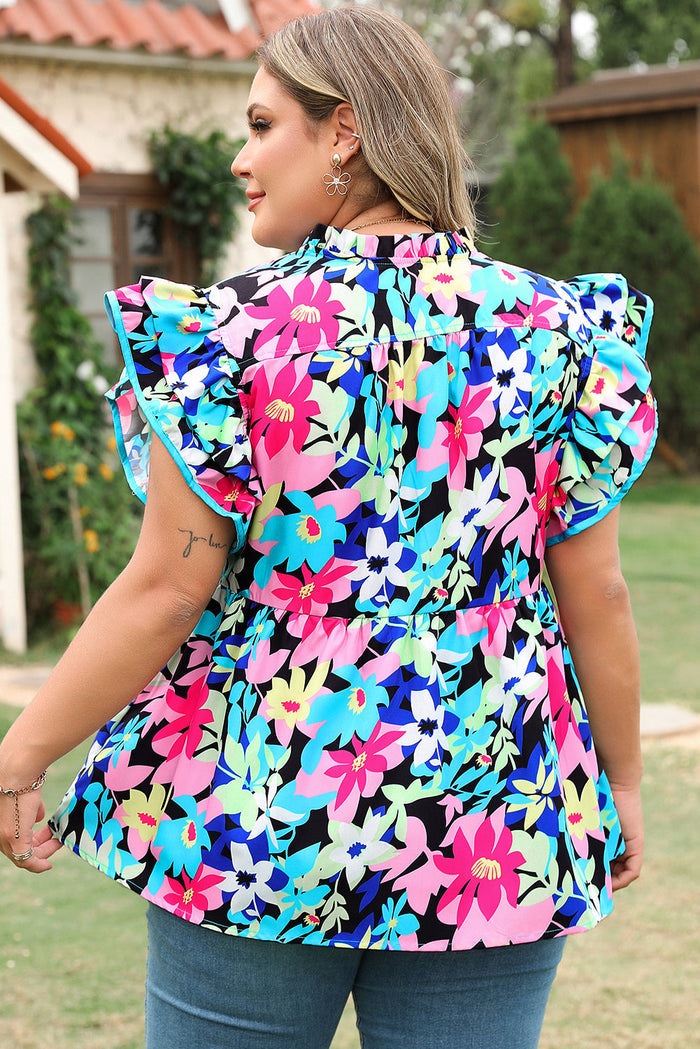 Blue Floral Flutter Sleeve Tied Notched Neck Plus Size Blouse - Size/Plus Tops/Plus Blouses & Shirts