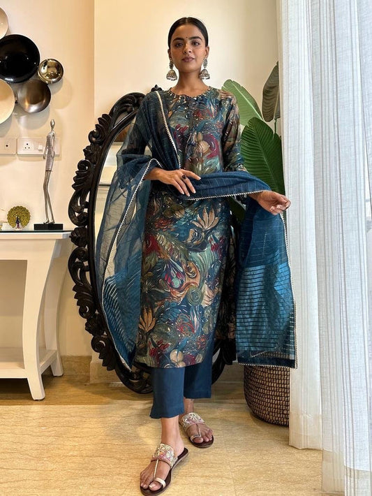Blue Floral Muslin Straight Set