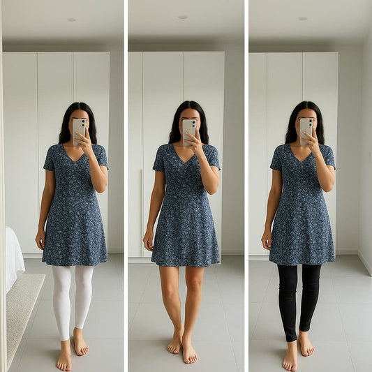 Blue floral V-neck A-line dress styled three ways – with white leggings, without leggings, and with black leggings