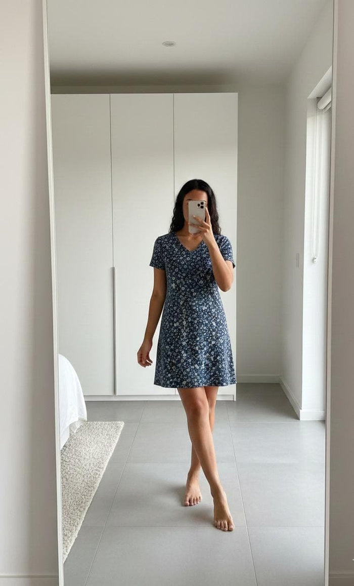 Woman wearing blue floral cotton long polo nightdress with short sleeves and relaxed fit