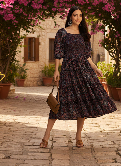 Woman in a dark floral dress standing on a stone path with pink flowers and a building in the background, Blue Floral Printed Cuffed Sleeves Dress, midi dress, dress, women’s western wear, party wear dress, casual wear dress