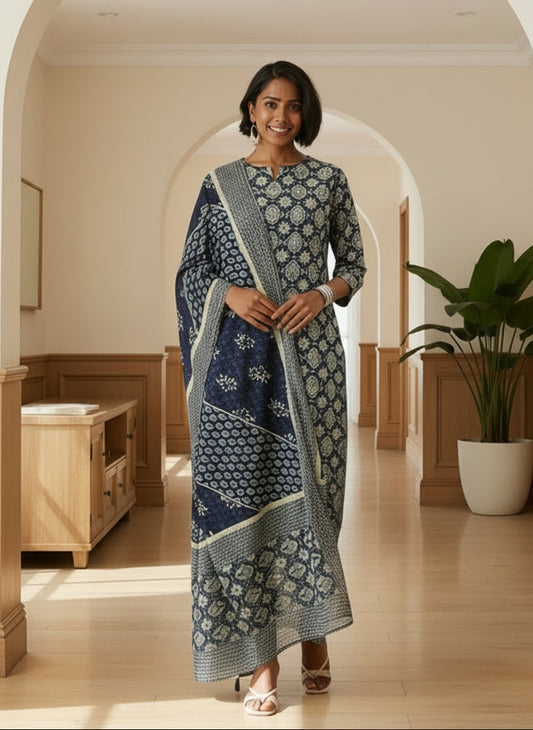 Blue Floral Printed Kurta with Trouser & Dupatta, kurta set, Kurta with Trouser & Dupatta, floral printed kurta set