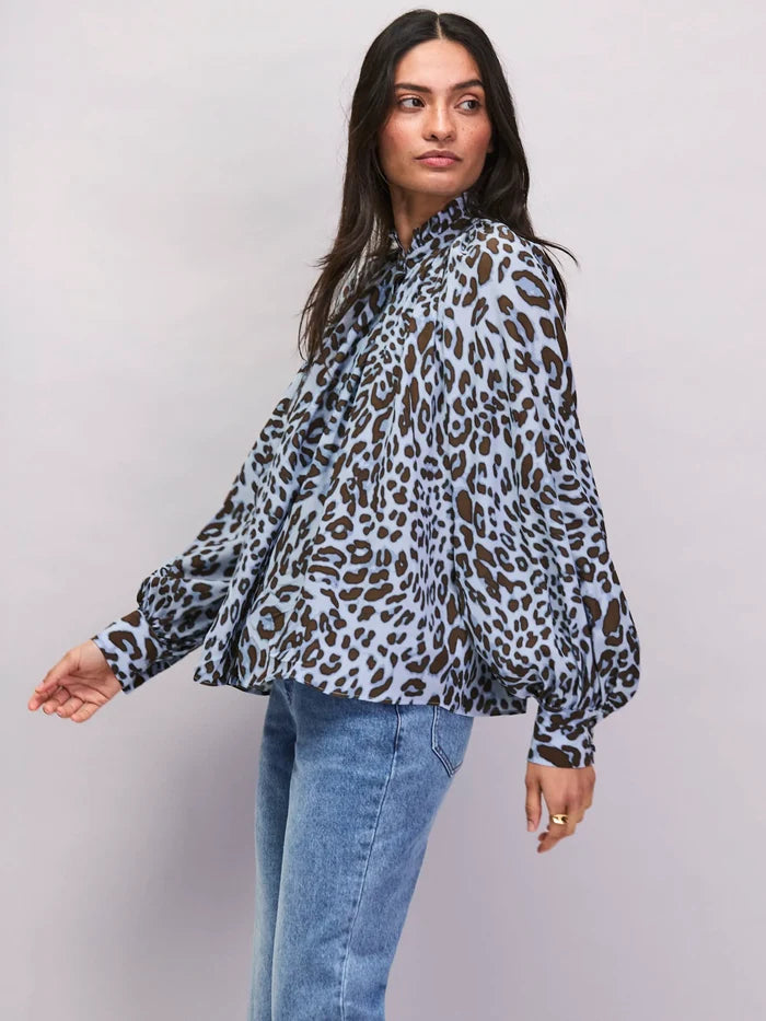 Blue Leopard-Print Ruffle-Neck Blouse