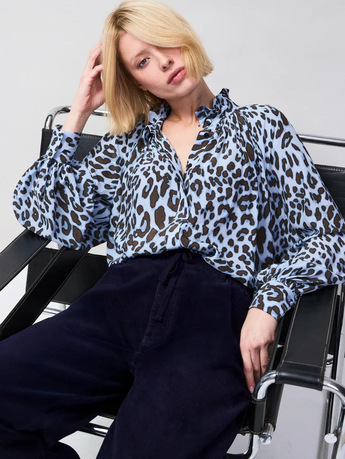 Blue Leopard-Print Ruffle-Neck Blouse