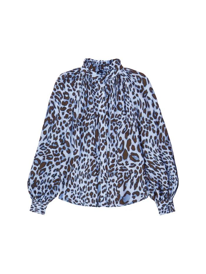 Blue Leopard-Print Ruffle-Neck Blouse