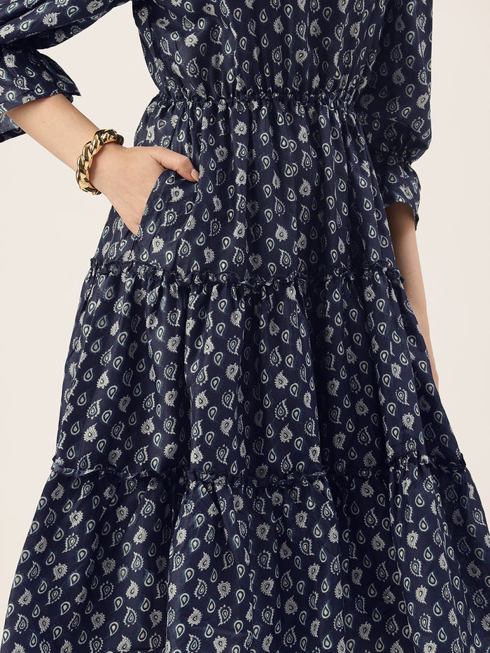 Blue Paisley Printed Bell Sleeves Tiered Dress, midi dress, dress, women’s western wear, party wear dress, casual wear dress