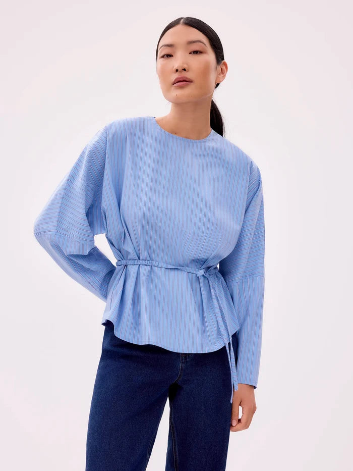 Blue Stripe Tie Waist Blouse