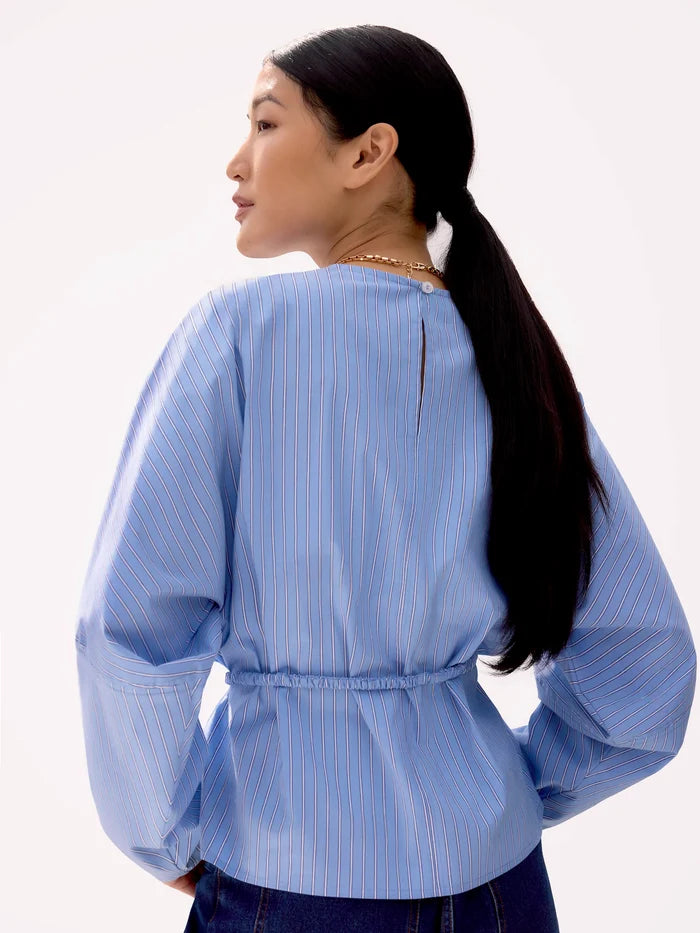 Blue Stripe Tie Waist Blouse