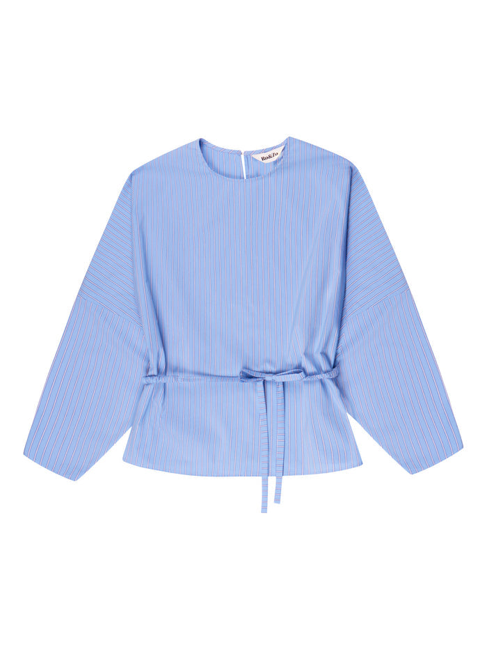 Blue Stripe Tie Waist Blouse