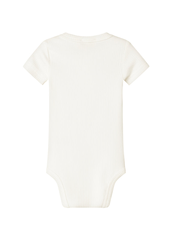 Hvid bodystocking med korte ærmer og rund hals, ribbet stof