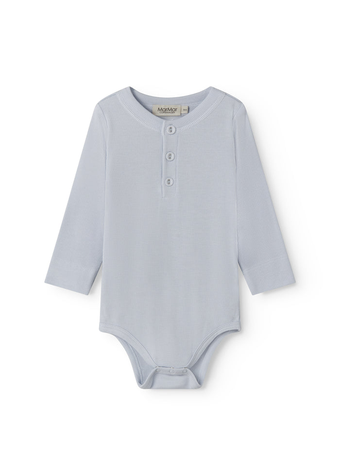Light blue baby bodystocking with a peplum closure at the front