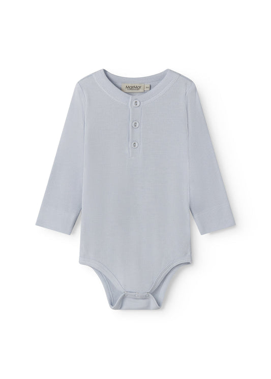 Light blue baby bodystocking with a peplum closure at the front