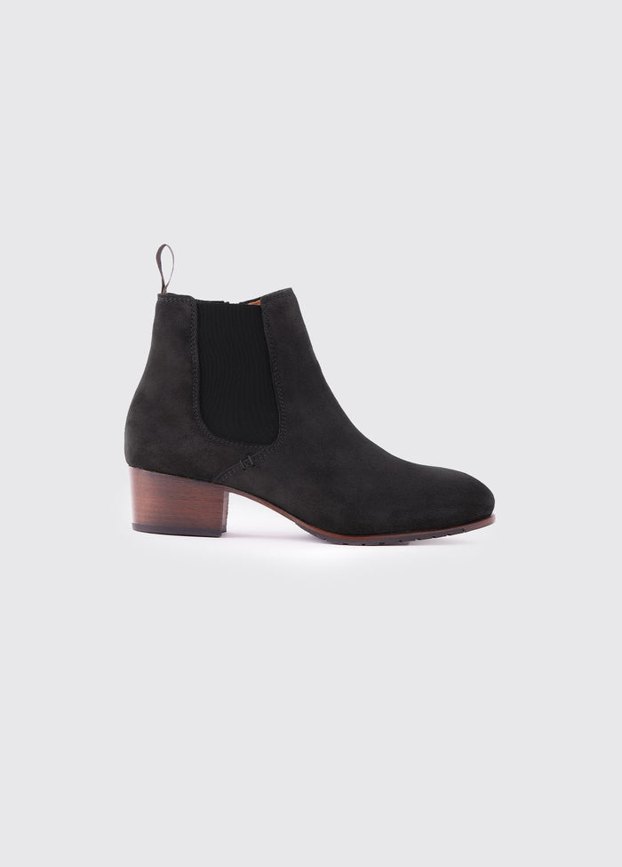 Side angle of a single Dubarry Bray Chelsea Boot for women, Black Suede coloured leather with elasticated side gussets with front and heel finger pulls