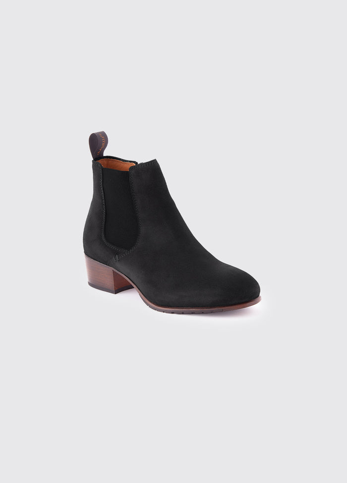 A single angled view of Dubarry Bray Chelsea Boot for women, Black Suede coloured leather with elasticated side gussets with front and heel finger pulls