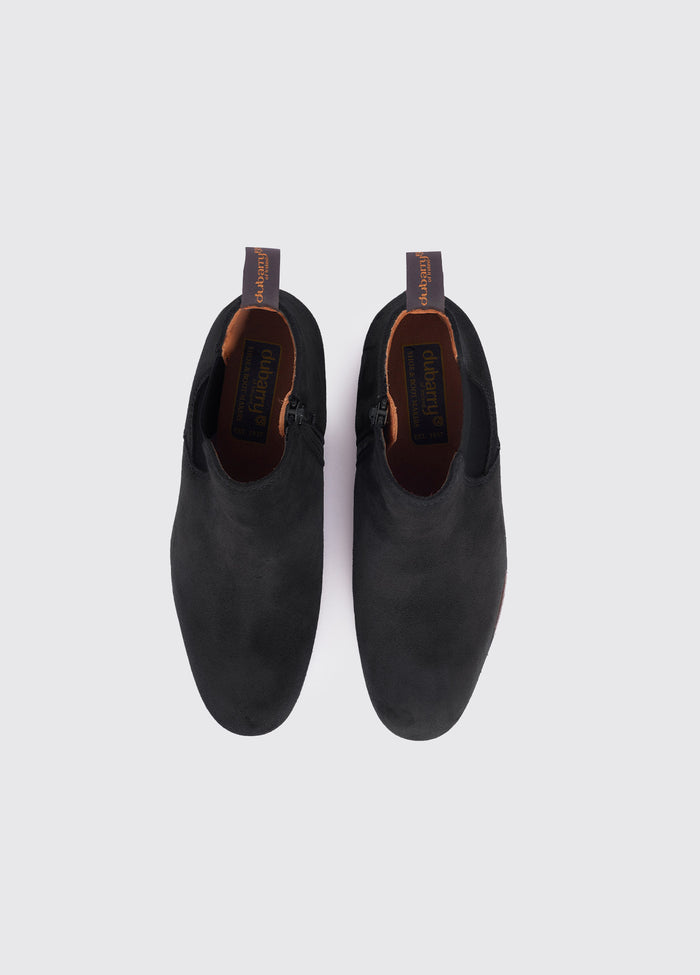 An aerial view of a single Dubarry Bray Chelsea Boot for women, Black Suede coloured leather