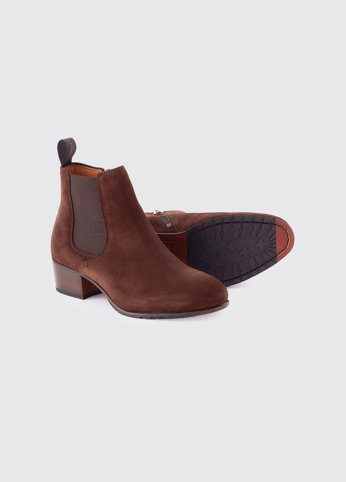 Pair of Dubarry Bray Chelsea Boot for women, cigar brown coloured leather with elasticated side gussets with front and heel finger pulls, boots are displayed to show one boot's sole
