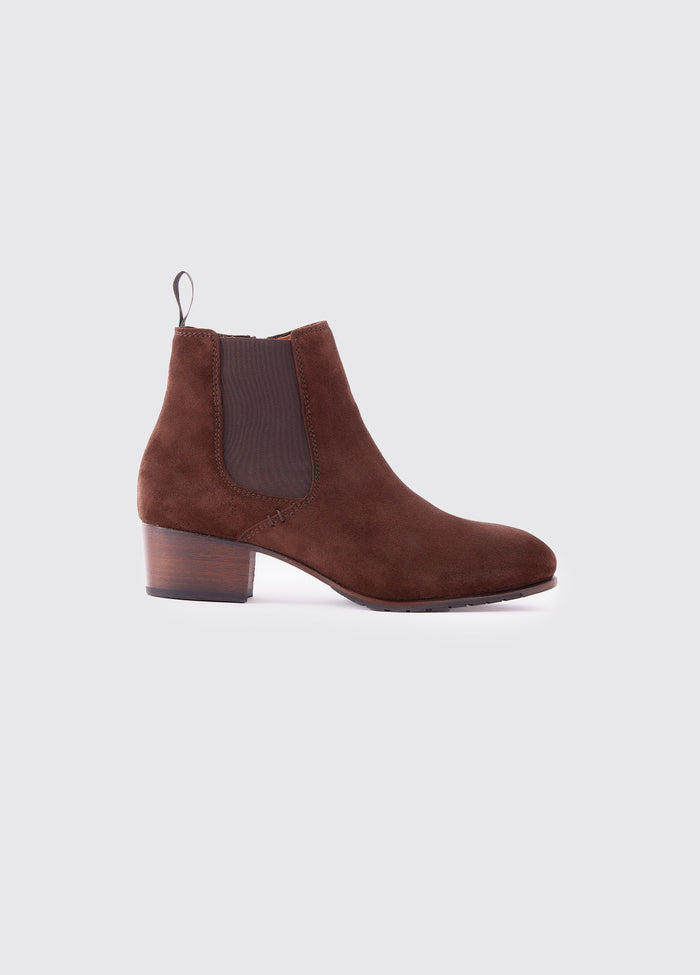 Side angle of a single Dubarry Bray Chelsea Boot for women, cigar brown coloured leather with elasticated side gussets with front and heel finger pulls