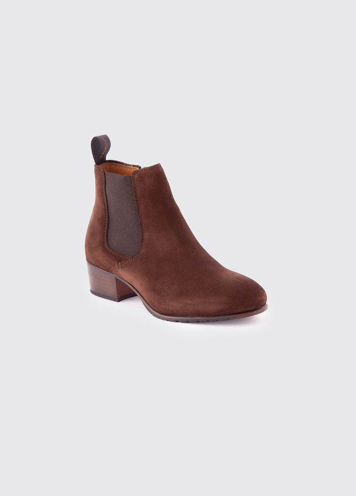 A single angled view of Dubarry Bray Chelsea Boot for women, cigar brown coloured leather with elasticated side gussets with front and heel finger pulls