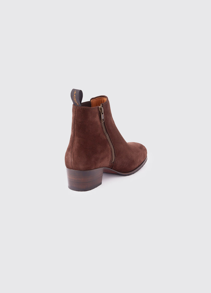 Angled back view of a single Dubarry Bray Chelsea Boot for women, cigar brown coloured leather with elasticated side gussets with front and heel finger pulls
