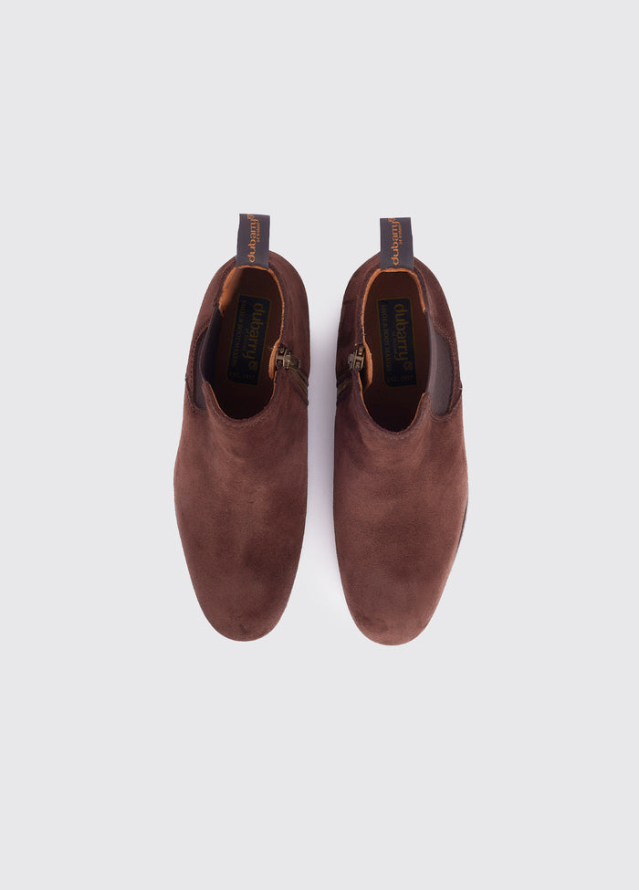 An aerial view of a single Dubarry Bray Chelsea Boot for women, cigar brown coloured leather